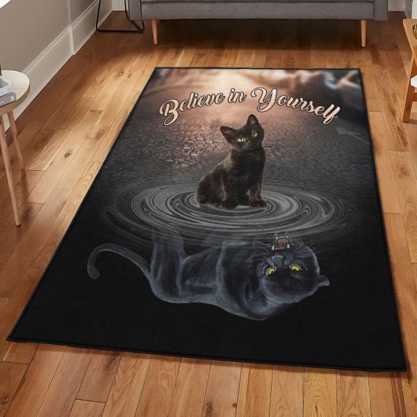 Black Kitten Non Shedding Black Cat Water Reflection Mirror Rug Rectangle Rugs Washable Area Rug Non-Slip Carpet For Living Room Bedroom - Image 2