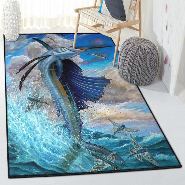 Fish Non Shedding Sailfish Fishing Rug Rectangle Rugs Washable Area Rug Non-Slip Carpet For Living Room Bedroom