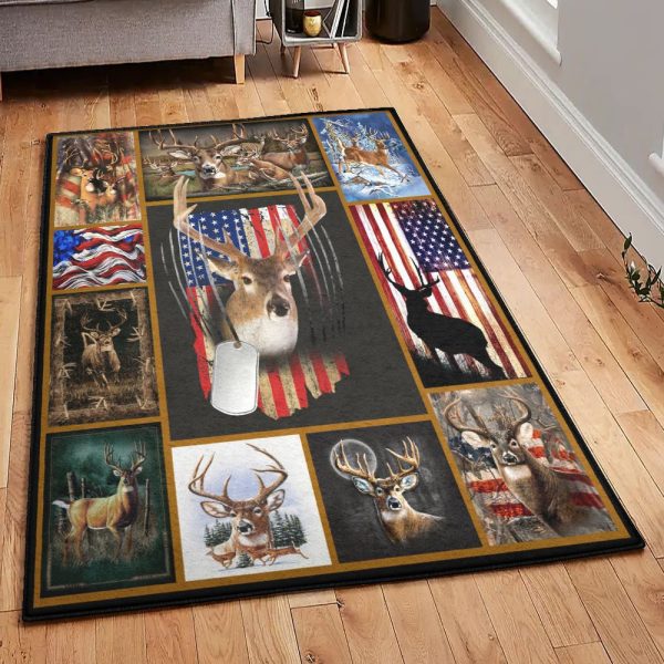 Patriotic Modern Deer Hunting American Flag Rug Rectangle Rugs Washable Area Rug Non-Slip Carpet For Living Room Bedroom