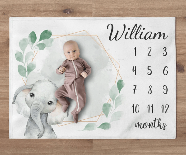 Custom Gender Neutral Elephant Milestone Blanket Greenery Wreath Baby