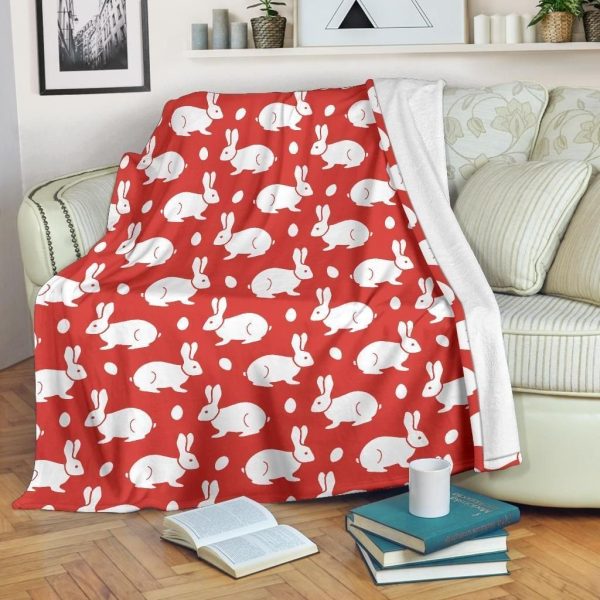 White Baby Rabbit Pattern Print Design Red Fleece Blanket