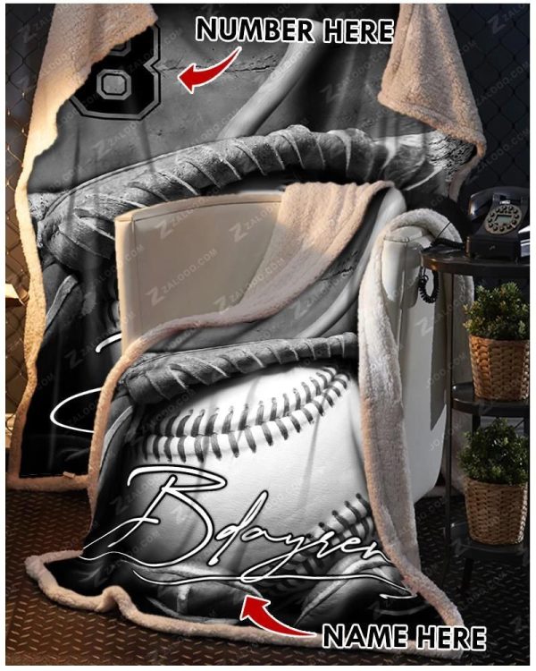 Softball Black White Custom Text Name Number Fleece Blanket