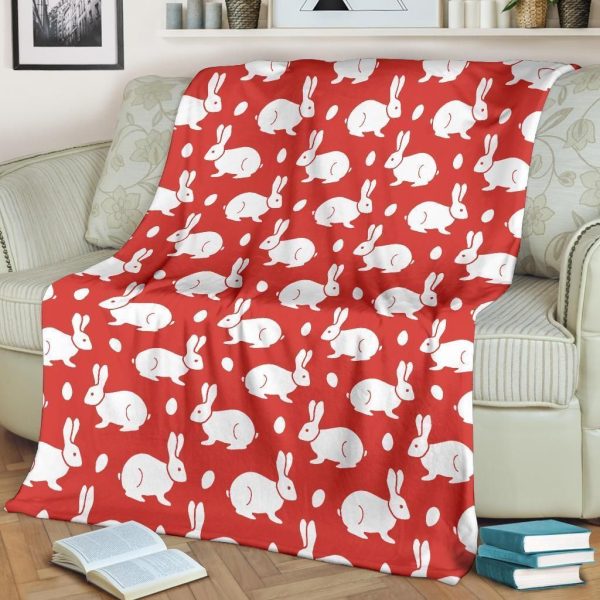 White Baby Rabbit Pattern Print Design Red Fleece Blanket - Image 2