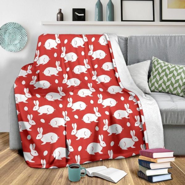 White Baby Rabbit Pattern Print Design Red Fleece Blanket - Image 3