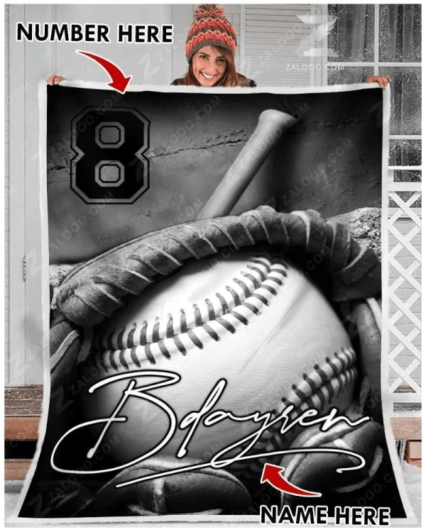 Softball Black White Custom Text Name Number Fleece Blanket - Image 2