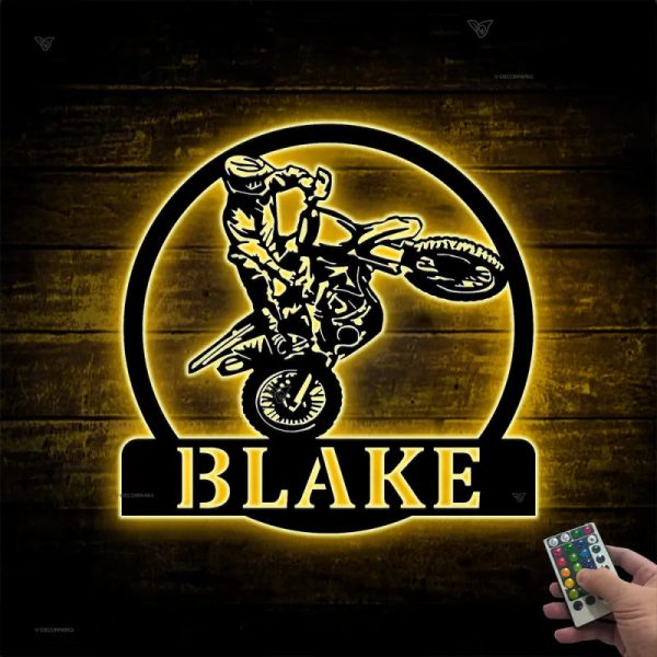 Custom Dirt Bike Metal Wall Art With Led Lights, Personalized Motocros